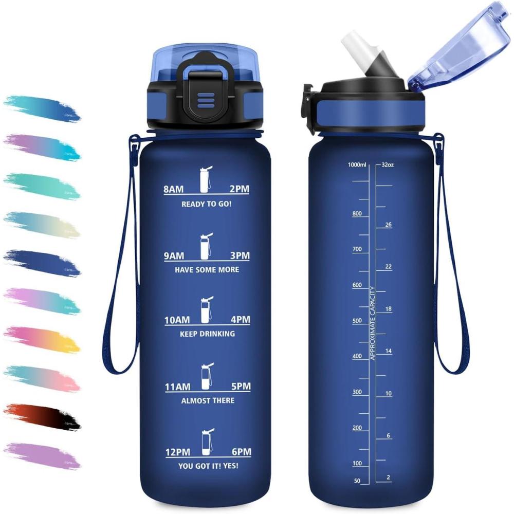 image:imageGourde 1L Gourde avec Sport Paille AntiFuite ampamp Rutilisable Bouteille deau Motivante avec Marquages de Temps Facile Nettoyer Bouteille Gradue pour Voyage Randonne Cyclisme Fitness32oz1000ml Paille Mat Marine Bleu