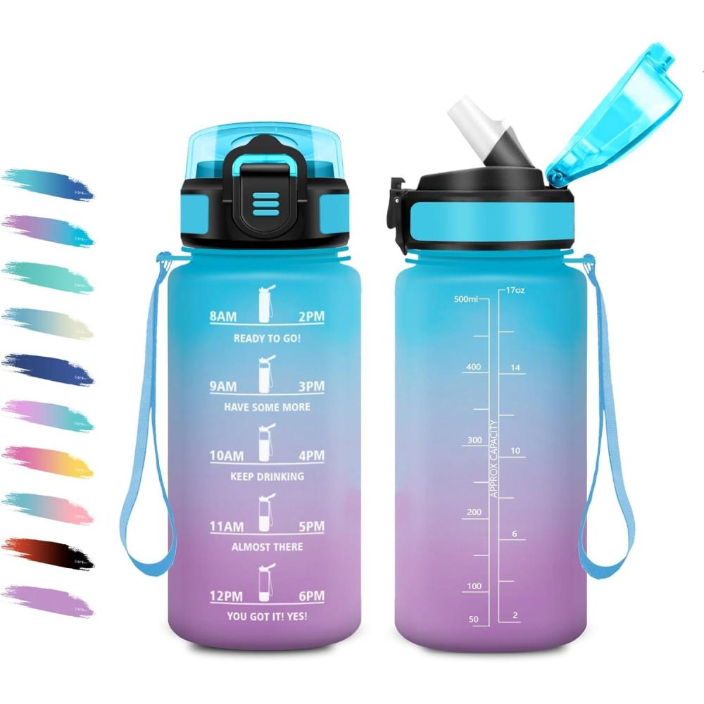 image:imageGourde 1L Gourde avec Sport Paille AntiFuite ampamp Rutilisable Bouteille deau Motivante avec Marquages de Temps Facile Nettoyer Bouteille Gradue pour Voyage Randonne Cyclisme Fitness17oz500ml Paille Bleu Lilas