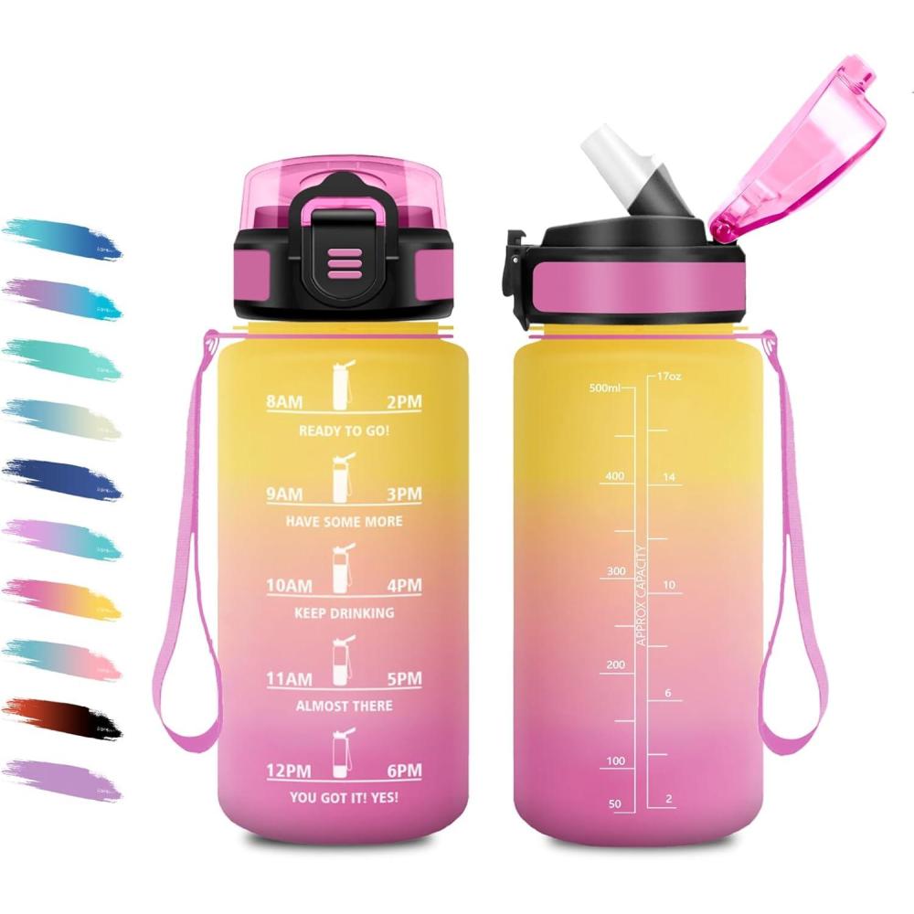 image:imageGourde 1L Gourde avec Sport Paille AntiFuite ampamp Rutilisable Bouteille deau Motivante avec Marquages de Temps Facile Nettoyer Bouteille Gradue pour Voyage Randonne Cyclisme Fitness17oz500ml Paille Jaune Rose
