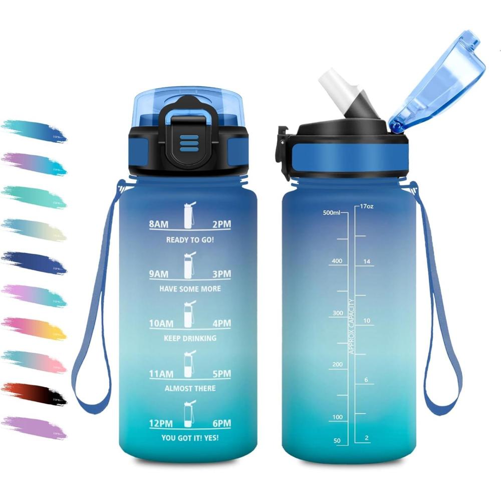 image:imageGourde 1L Gourde avec Sport Paille AntiFuite ampamp Rutilisable Bouteille deau Motivante avec Marquages de Temps Facile Nettoyer Bouteille Gradue pour Voyage Randonne Cyclisme Fitness17oz500ml Paille Bleu Vert