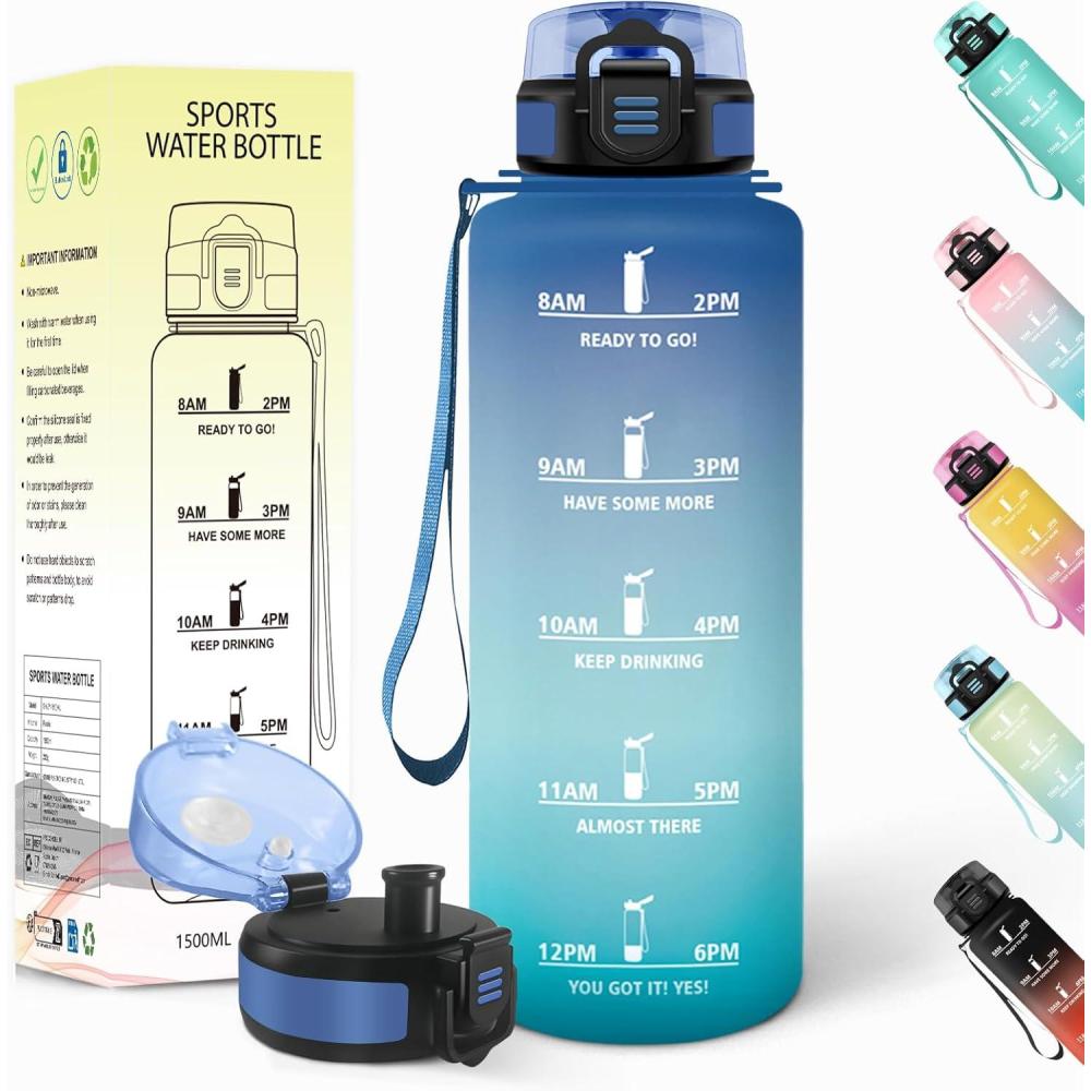 image:imageGourde 1l AntiFuite Gourde Sport Rutilisable Bouteille deau avec Marqueur de Temps Bouteille Sans BPA pour Yoga Randonne Fitness Sport JauneRoseBleuvert