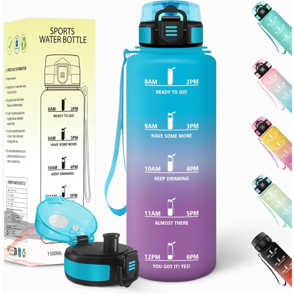 image:imageGourde 1l AntiFuite Gourde Sport Rutilisable Bouteille deau avec Marqueur de Temps Bouteille Sans BPA pour Yoga Randonne Fitness Sport JauneRoseBleuviolet