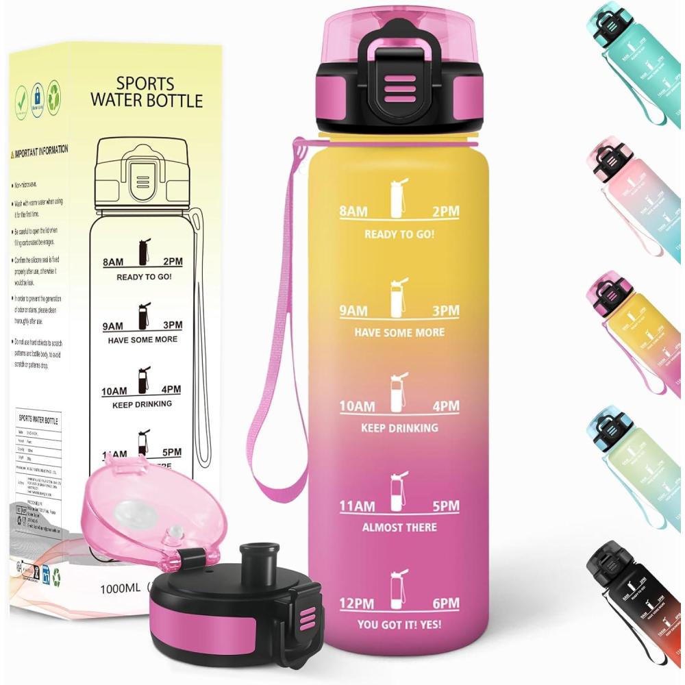 image:imageGourde 1l AntiFuite Gourde Sport Rutilisable Bouteille deau avec Marqueur de Temps Bouteille Sans BPA pour Yoga Randonne Fitness Sport JauneRoseJaunerose