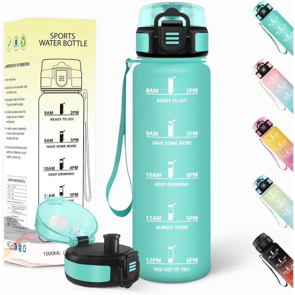 image:imageGourde 1l AntiFuite Gourde Sport Rutilisable Bouteille deau avec Marqueur de Temps Bouteille Sans BPA pour Yoga Randonne Fitness Sport JauneRoseTurquoise 3245c