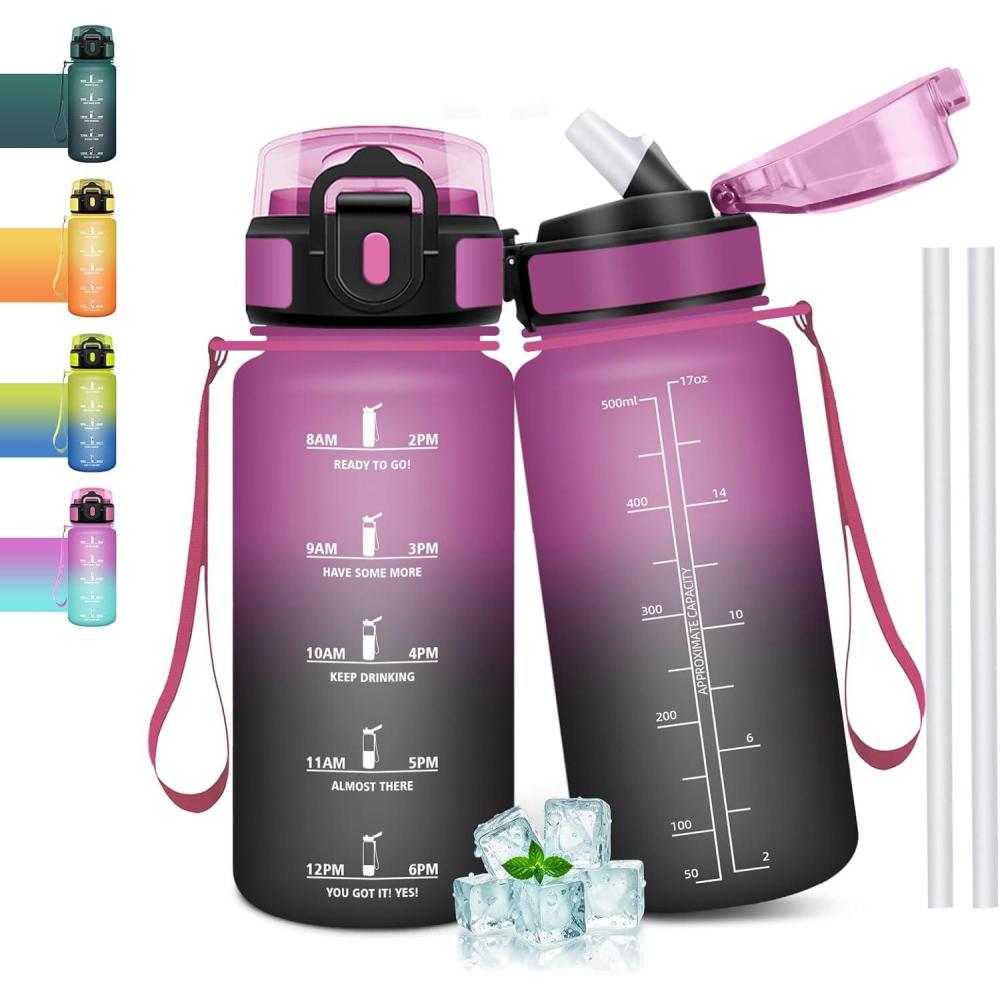 image:imageGourde 1l tanches Gourde Paille sans BPA ampamp Rutilisable Bouteille Motivation Bouteille deau Avec Marqueur de Temps Gourde Sport pour Gym Ecole Cyclisme Plein air SportVioletnoir 500 Ml