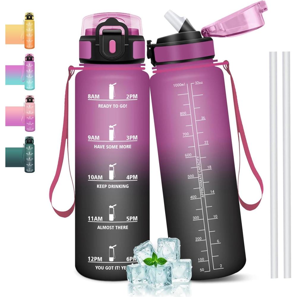 image:imageGourde 1l tanches Gourde Paille sans BPA ampamp Rutilisable Bouteille Motivation Bouteille deau Avec Marqueur de Temps Gourde Sport pour Gym Ecole Cyclisme Plein air SportVioletnoir 1000 Ml