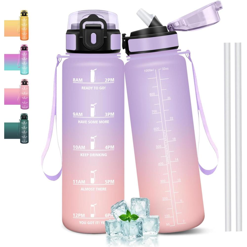 image:imageGourde 1l tanches Gourde Paille sans BPA ampamp Rutilisable Bouteille Motivation Bouteille deau Avec Marqueur de Temps Gourde Sport pour Gym Ecole Cyclisme Plein air SportRose Iris 1000 Ml