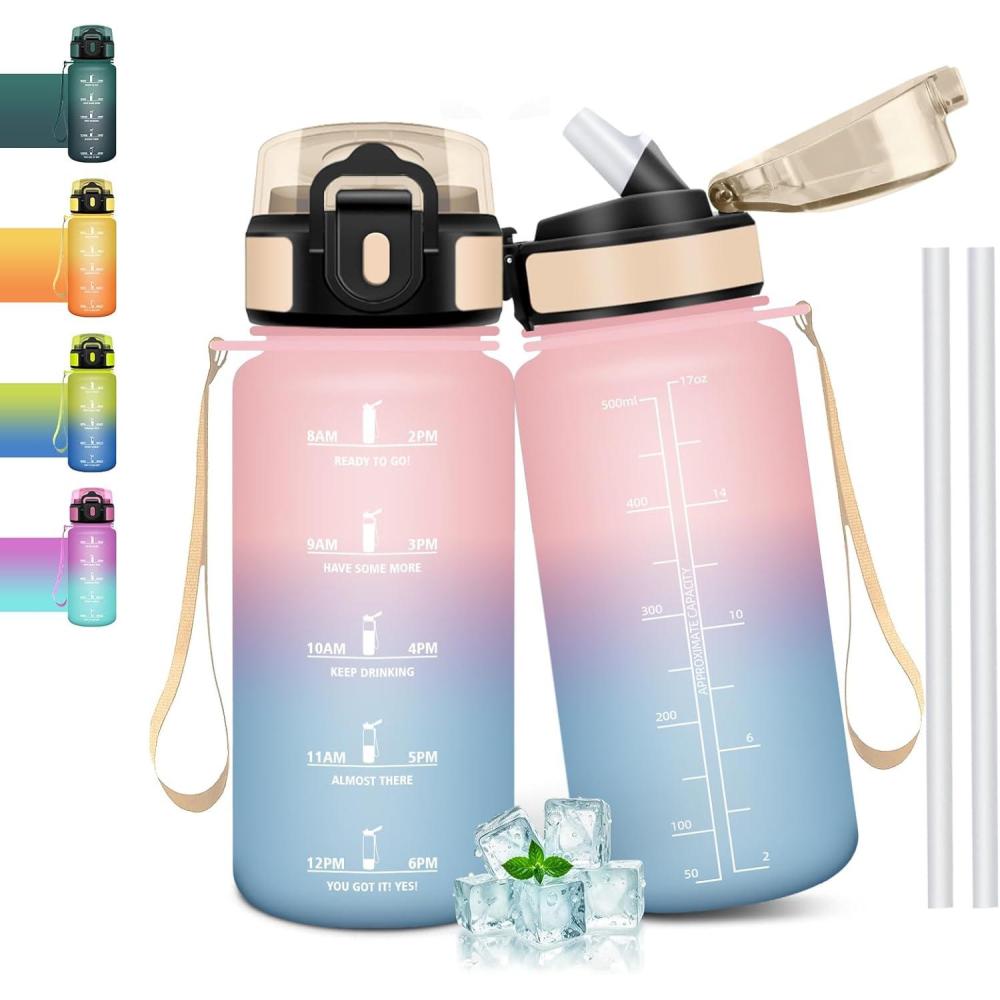 image:imageGourde 1l tanches Gourde Paille sans BPA ampamp Rutilisable Bouteille Motivation Bouteille deau Avec Marqueur de Temps Gourde Sport pour Gym Ecole Cyclisme Plein air SportRosebleu Ciel  500 Ml