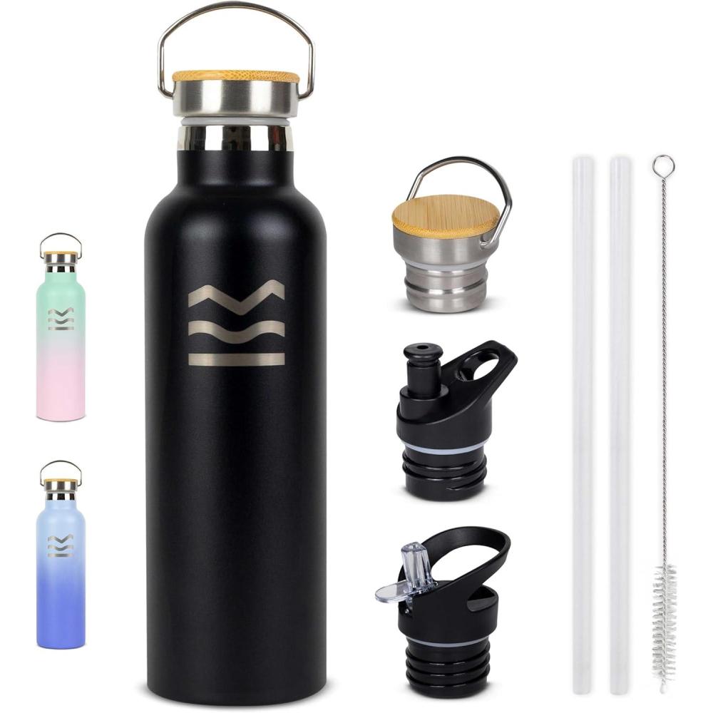 image:imageGourde Isotherme 750 ml Bleue HUIIKE Bouteille Isotherme avec 3 Bouchons Gourde Inox 12h Chaude ampamp 24h Froide Water Bottle Sans BPA Bouteille avec Paille Acier Inoxydable Sport ReutilisableNoir