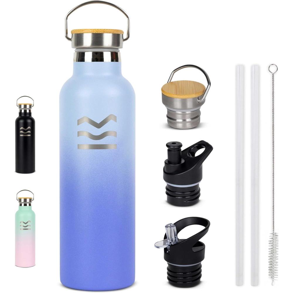 image:imageGourde Isotherme 750 ml Bleue HUIIKE Bouteille Isotherme avec 3 Bouchons Gourde Inox 12h Chaude ampamp 24h Froide Water Bottle Sans BPA Bouteille avec Paille Acier Inoxydable Sport ReutilisableBleu