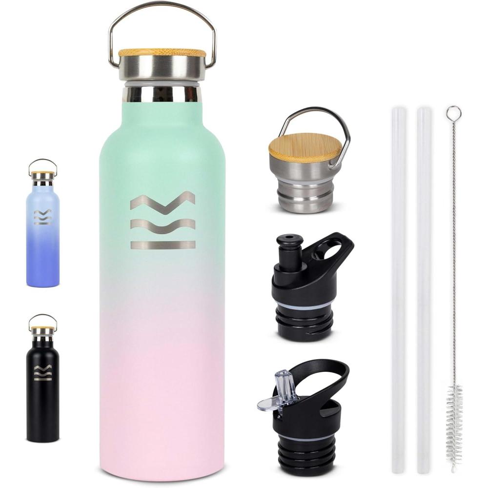 image:imageGourde Isotherme 750 ml Bleue  HUIIKE  Bouteille Isotherme avec 3 Bouchons Gourde Inox 12h Chaude ampamp 24h Froide  Water Bottle Sans BPA  Bouteille avec Paille Acier Inoxydable Sport ReutilisableRose