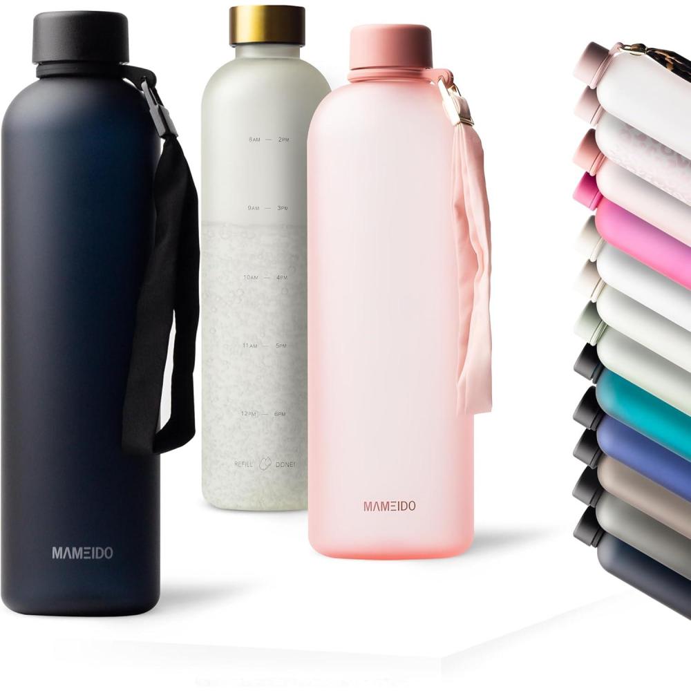 image:imageMAMEIDO Gourde 1 l Bouteille deau Design Plastique avec Marqueur de Temps de Motivation sans BPA tanche Urban Taupe GoldBlack  Sport Loop