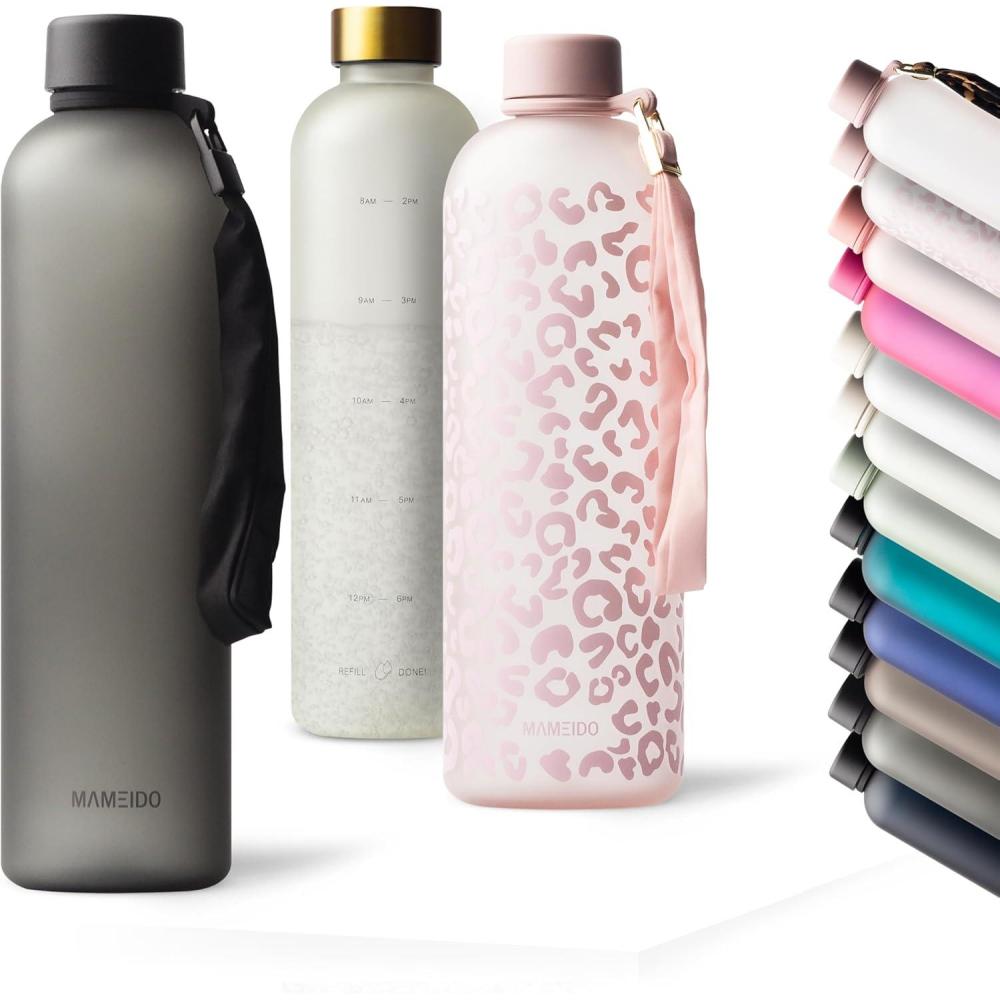 image:imageMAMEIDO Gourde 1 l Bouteille deau Design Plastique avec Marqueur de Temps de Motivation sans BPA tanche Urban Taupe GoldCarbon Sport Loop