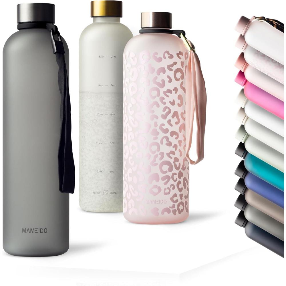 image:imageMAMEIDO Gourde 1 l Bouteille deau Design Plastique avec Marqueur de Temps de Motivation sans BPA tanche Urban Taupe GoldCarbon Grey