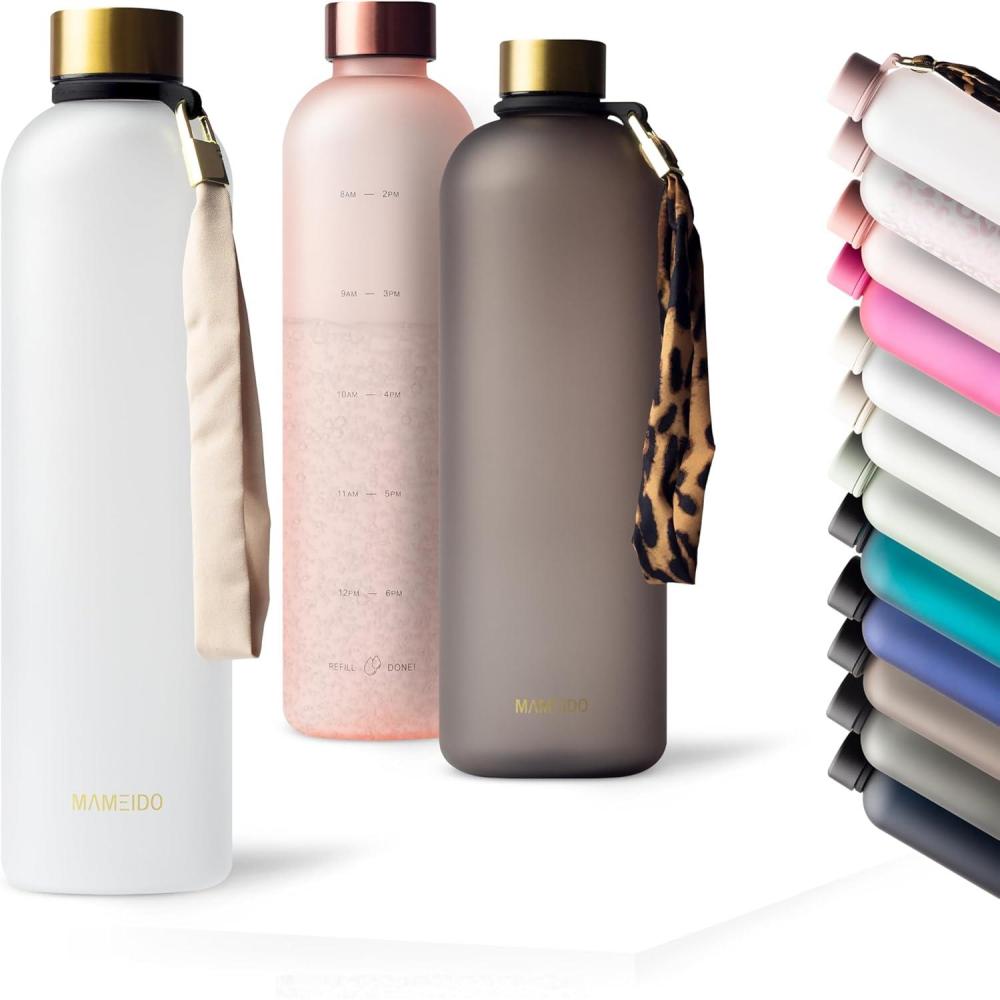 image:imageMAMEIDO Gourde 1 l Bouteille deau Design Plastique avec Marqueur de Temps de Motivation sans BPA tanche Urban Taupe GoldFrosted White Gold
