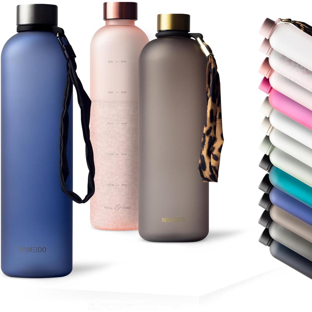 image:imageMAMEIDO Gourde 1 l Bouteille deau Design Plastique avec Marqueur de Temps de Motivation sans BPA tanche Urban Taupe GoldSapphire Blue