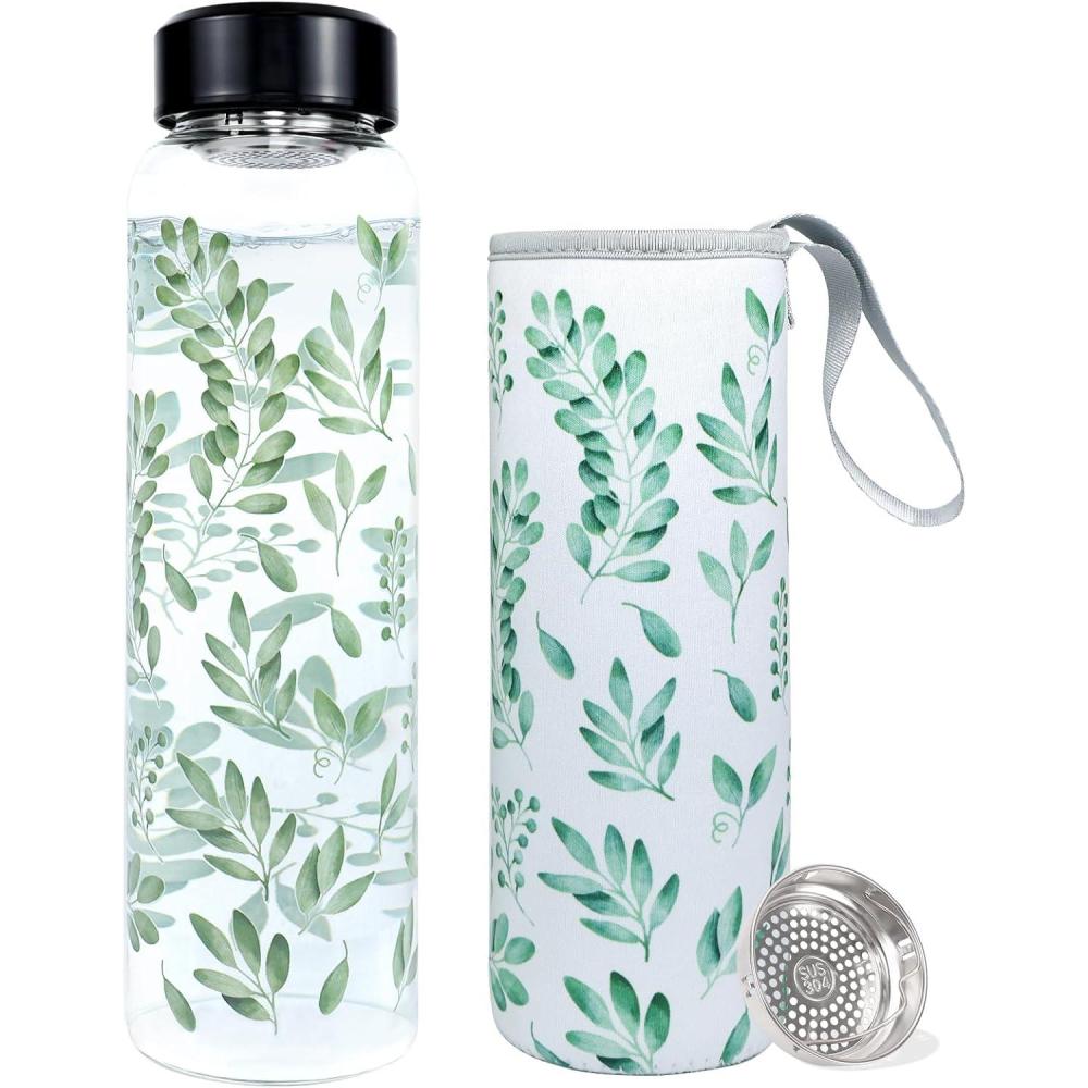 image:imagePAPU Bouteille DEau Verre 1 LitreGoulot Large 55 cm 1 000 mltancheAvec Couvercle Protection Eucalyptus Filtre Acier InoxydableSans BpatancheIdale pour Sport BureauEucalyptus Vert