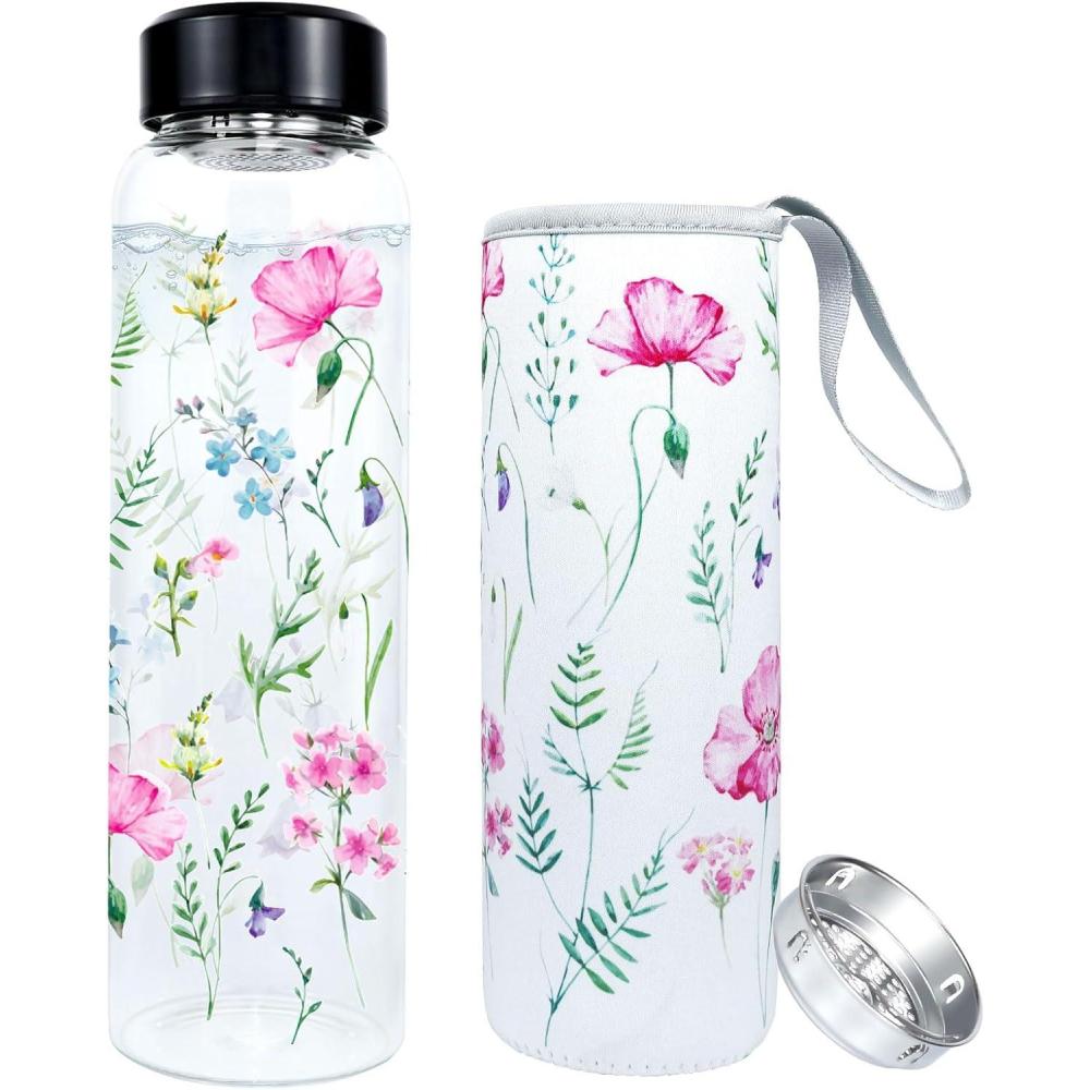image:imagePAPU Bouteille DEau Verre 1 LitreGoulot Large 55 cm 1 000 mltancheAvec Couvercle Protection Eucalyptus Filtre Acier InoxydableSans BpatancheIdale pour Sport BureauRose