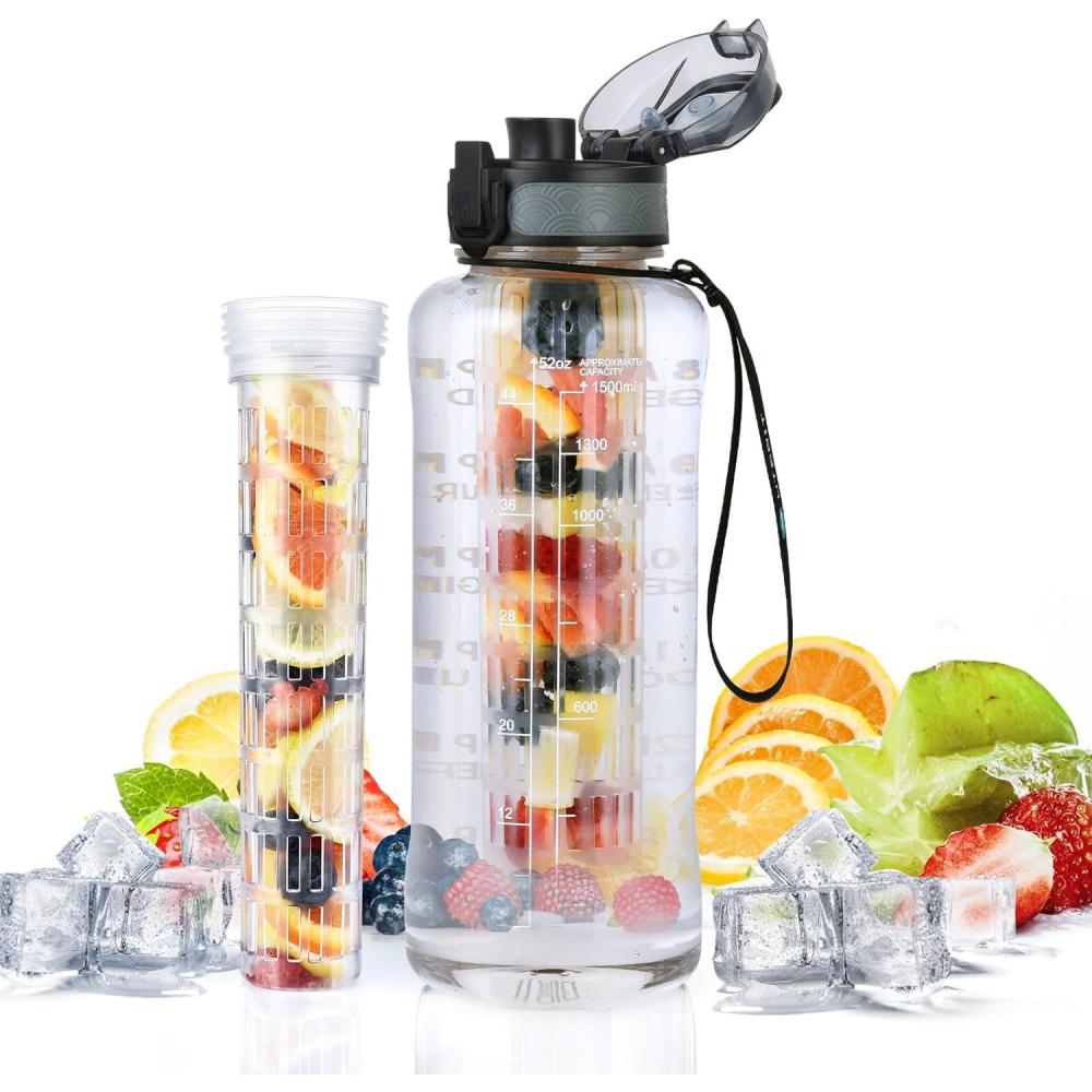 image:imageUTEBIT Gourde Sport 15L Bouteille deau avec Infuseur Th ou Fruits1 Litre Bouteille Reutilisable Fabrique en Tritan sans BPA avec Marqueur de Temps de Motivation pour Gym Camping BureauTransparent