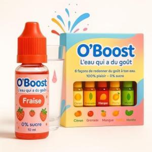 Coffret O&rsquo;BOOST fraise-menthe -citron- grenadine-mangue -peche – 6 arômes à diluer – Sans sucre, sans calorie, sans colorant – 6 x 10 ml – Saveurs fruitées pour aromatiser l’eau