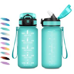 Gourde 1L, Gourde avec Sport Paille, Anti-Fuite, & Réutilisable, Bouteille d&rsquo;eau Motivante avec Marquages de Temps, Facile à Nettoyer, Bouteille Graduée pour Voyage, Randonnée, Cyclisme, Fitness(17oz-500ml | Paille | Mat Bleu-vert)