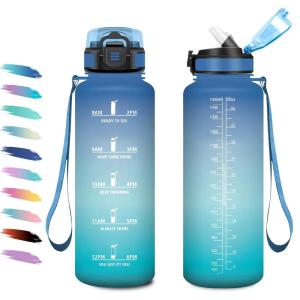 Gourde 1L, Gourde avec Sport Paille, Anti-Fuite, & Réutilisable, Bouteille d&rsquo;eau Motivante avec Marquages de Temps, Facile à Nettoyer, Bouteille Graduée pour Voyage, Randonnée, Cyclisme, Fitness(50oz-1500ml | Paille | Bleu + Vert)