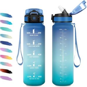 Gourde 1L, Gourde avec Sport Paille, Anti-Fuite, & Réutilisable, Bouteille d&rsquo;eau Motivante avec Marquages de Temps, Facile à Nettoyer, Bouteille Graduée pour Voyage, Randonnée, Cyclisme, Fitness(32oz-1000ml | Paille | Bleu + Vert)