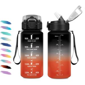 Gourde 1L, Gourde avec Sport Paille, Anti-Fuite, & Réutilisable, Bouteille d&rsquo;eau Motivante avec Marquages de Temps, Facile à Nettoyer, Bouteille Graduée pour Voyage, Randonnée, Cyclisme, Fitness(17oz-500ml | Paille | Noir + Rouge)
