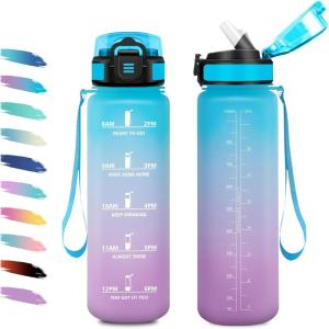 Gourde 1L, Gourde avec Sport Paille, Anti-Fuite, & Réutilisable, Bouteille d&rsquo;eau Motivante avec Marquages de Temps, Facile à Nettoyer, Bouteille Graduée pour Voyage, Randonnée, Cyclisme, Fitness(32oz-1000ml | Paille | Bleu + Lilas)