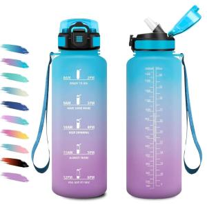 Gourde 1L, Gourde avec Sport Paille, Anti-Fuite, & Réutilisable, Bouteille d&rsquo;eau Motivante avec Marquages de Temps, Facile à Nettoyer, Bouteille Graduée pour Voyage, Randonnée, Cyclisme, Fitness(50oz-1500ml | Paille | Bleu + Lilas)