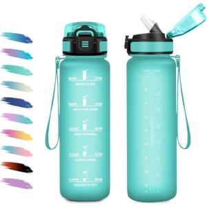 Gourde 1L, Gourde avec Sport Paille, Anti-Fuite, & Réutilisable, Bouteille d&rsquo;eau Motivante avec Marquages de Temps, Facile à Nettoyer, Bouteille Graduée pour Voyage, Randonnée, Cyclisme, Fitness(32oz-1000ml | Paille | Mat Bleu-vert)