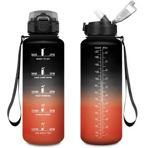 Gourde 1L, Gourde avec Sport Paille, Anti-Fuite, & Réutilisable, Bouteille d&rsquo;eau Motivante avec Marquages de Temps, Facile à Nettoyer, Bouteille Graduée pour Voyage, Randonnée, Cyclisme, Fitness(50oz-1500ml | Paille | Noir + Rouge)