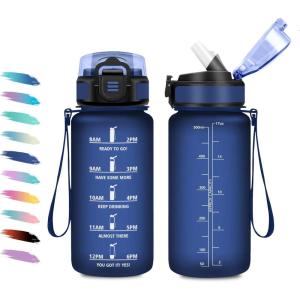 Gourde 1L, Gourde avec Sport Paille, Anti-Fuite, & Réutilisable, Bouteille d&rsquo;eau Motivante avec Marquages de Temps, Facile à Nettoyer, Bouteille Graduée pour Voyage, Randonnée, Cyclisme, Fitness(17oz-500ml | Paille | Mat Marine Bleu)