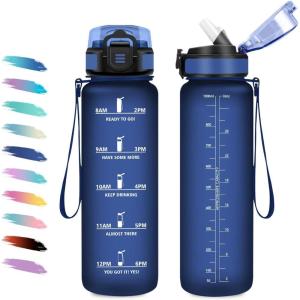 Gourde 1L, Gourde avec Sport Paille, Anti-Fuite, & Réutilisable, Bouteille d&rsquo;eau Motivante avec Marquages de Temps, Facile à Nettoyer, Bouteille Graduée pour Voyage, Randonnée, Cyclisme, Fitness(32oz-1000ml | Paille | Mat Marine Bleu)