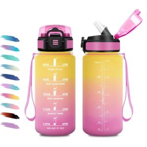 Gourde 1L, Gourde avec Sport Paille, Anti-Fuite, & Réutilisable, Bouteille d&rsquo;eau Motivante avec Marquages de Temps, Facile à Nettoyer, Bouteille Graduée pour Voyage, Randonnée, Cyclisme, Fitness(17oz-500ml | Paille | Jaune + Rose)