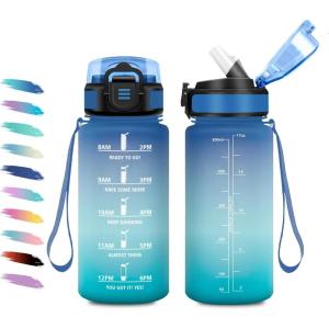 Gourde 1L, Gourde avec Sport Paille, Anti-Fuite, & Réutilisable, Bouteille d&rsquo;eau Motivante avec Marquages de Temps, Facile à Nettoyer, Bouteille Graduée pour Voyage, Randonnée, Cyclisme, Fitness(17oz-500ml | Paille | Bleu + Vert)