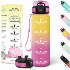 Gourde 1l, Anti-Fuite, Gourde Sport, Réutilisable, Bouteille d&rsquo;eau, avec Marqueur de Temps, Bouteille, Sans BPA, pour Yoga, Randonnée, Fitness, Sport, Jaune-Rose(Jaune-rose)