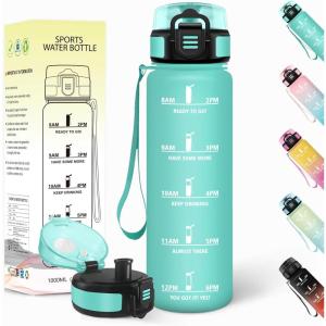 Gourde 1l, Anti-Fuite, Gourde Sport, Réutilisable, Bouteille d&rsquo;eau, avec Marqueur de Temps, Bouteille, Sans BPA, pour Yoga, Randonnée, Fitness, Sport, Jaune-Rose(Turquoise 3245c)