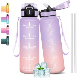 Gourde 1l, Étanches, Gourde Paille, sans BPA & Réutilisable, Bouteille, Motivation Bouteille d&rsquo;eau, Avec Marqueur de Temps, Gourde Sport pour Gym, Ecole, Cyclisme, Plein air, Sport(Rose Iris – 1000 Ml)