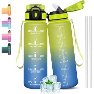 Gourde 1l, Étanches, Gourde Paille, sans BPA & Réutilisable, Bouteille, Motivation Bouteille d&rsquo;eau, Avec Marqueur de Temps, Gourde Sport pour Gym, Ecole, Cyclisme, Plein air, Sport(Jaune-bleu – 1000 Ml)