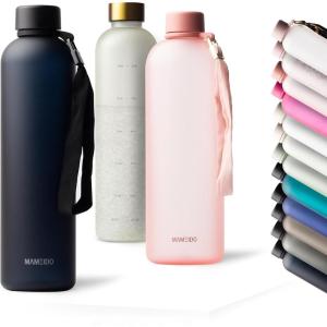 MAMEIDO Gourde 1 l, Bouteille d&rsquo;eau Design Plastique avec Marqueur de Temps de Motivation, sans BPA, étanche (Urban Taupe Gold)(Black (+ Sport Loop))
