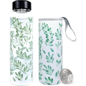 PAPU Bouteille D&rsquo;Eau Verre 1 Litre,Goulot Large 5,5 cm, 1 000 ml,Étanche,Avec Couvercle Protection Eucalyptus Filtre Acier Inoxydable,Sans Bpa,Étanche,Idéale pour Sport Bureau(Eucalyptus Vert)