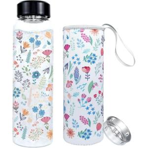 PAPU Bouteille D&rsquo;Eau Verre 1 Litre,Goulot Large 5,5 cm, 1 000 ml,Étanche,Avec Couvercle Protection Eucalyptus Filtre Acier Inoxydable,Sans Bpa,Étanche,Idéale pour Sport Bureau(Fleur Violette)