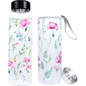 PAPU Bouteille D&rsquo;Eau Verre 1 Litre,Goulot Large 5,5 cm, 1 000 ml,Étanche,Avec Couvercle Protection Eucalyptus Filtre Acier Inoxydable,Sans Bpa,Étanche,Idéale pour Sport Bureau(Rose)