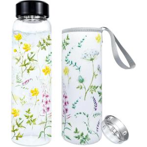 PAPU Bouteille D&rsquo;Eau Verre 1 Litre,Goulot Large 5,5 cm, 1 000 ml,Étanche,Avec Couvercle Protection Eucalyptus Filtre Acier Inoxydable,Sans Bpa,Étanche,Idéale pour Sport Bureau(Jaune-vert)