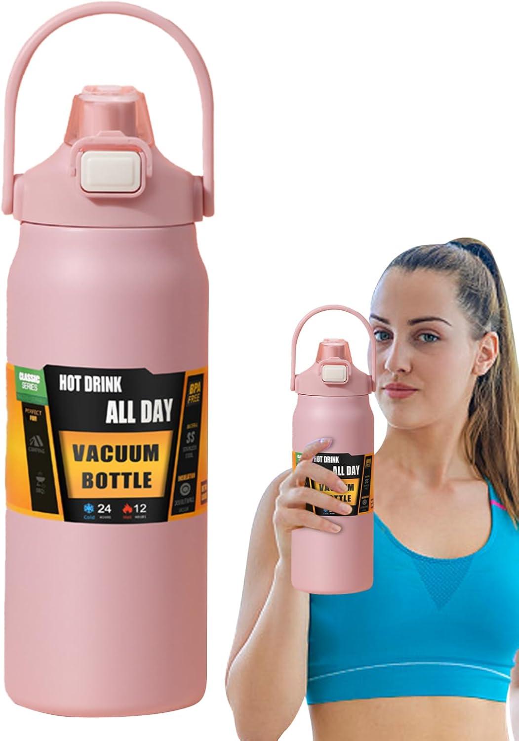 image:imageBouteille Isotherme1500ml En Acier Inoxydable tanche Gobelet Avec Paille Bouteille dEau Sportive Pour Femmes Hommes cole Sports Maison Voyage Caf BoissonsRose