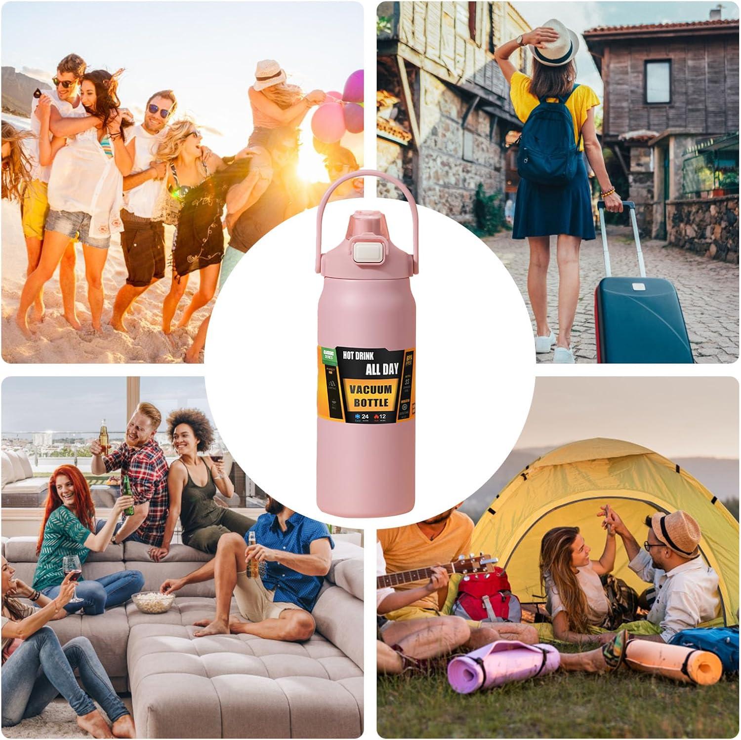 image:imageBouteille Isotherme1500ml En Acier Inoxydable tanche Gobelet Avec Paille Bouteille dEau Sportive Pour Femmes Hommes cole Sports Maison Voyage Caf BoissonsRose