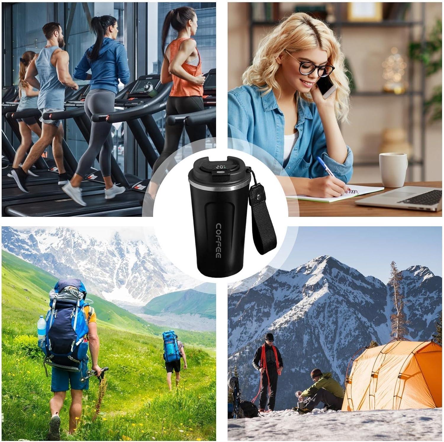 image:imageTasse caf de voyage Tasse isotherme avec affichage numrique de la temprature Conteneurs de boissons sportives Bouteille deau de temprature pour eau th caf et jusNoir