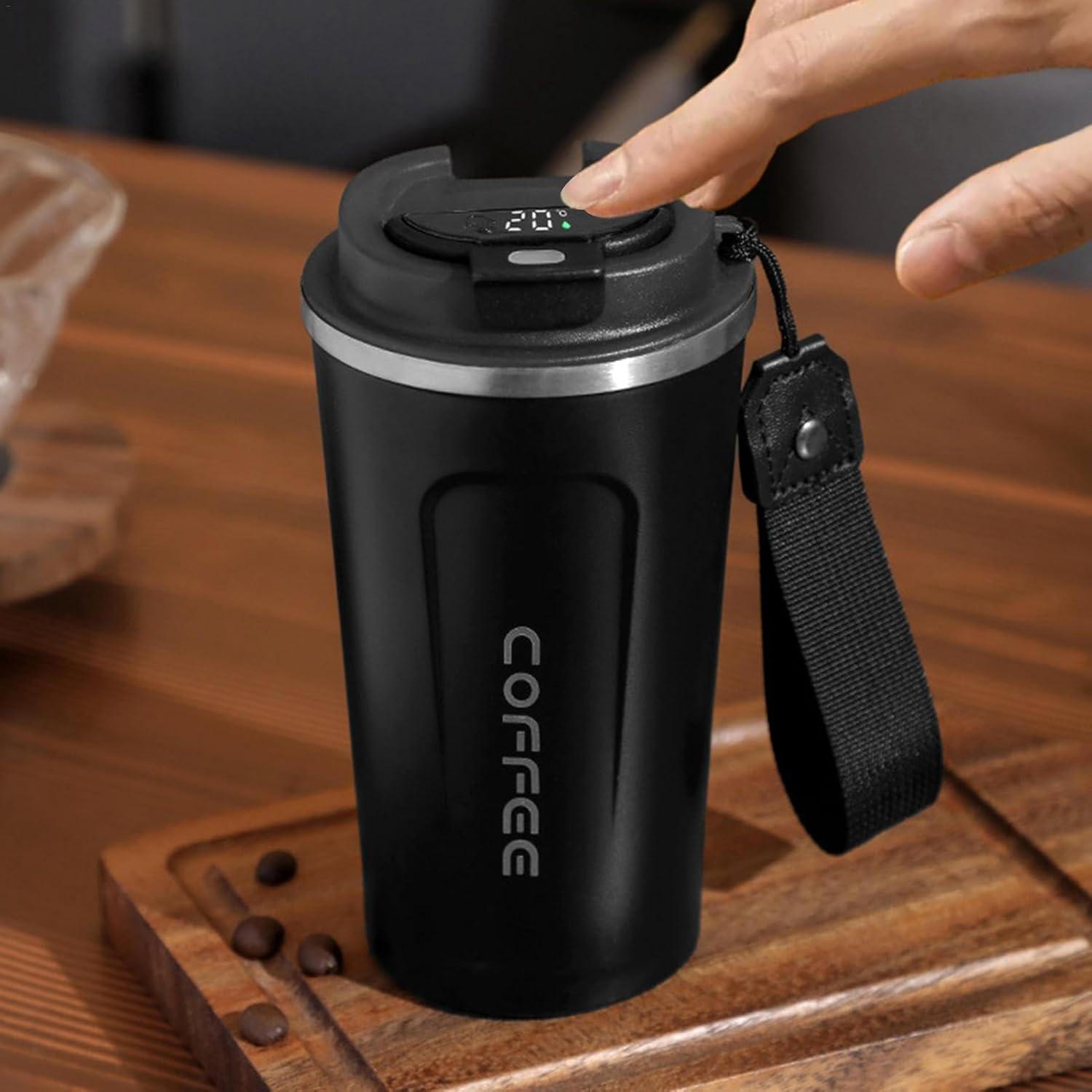 image:imageTasse caf de voyage Tasse isotherme avec affichage numrique de la temprature Conteneurs de boissons sportives Bouteille deau de temprature pour eau th caf et jusNoir