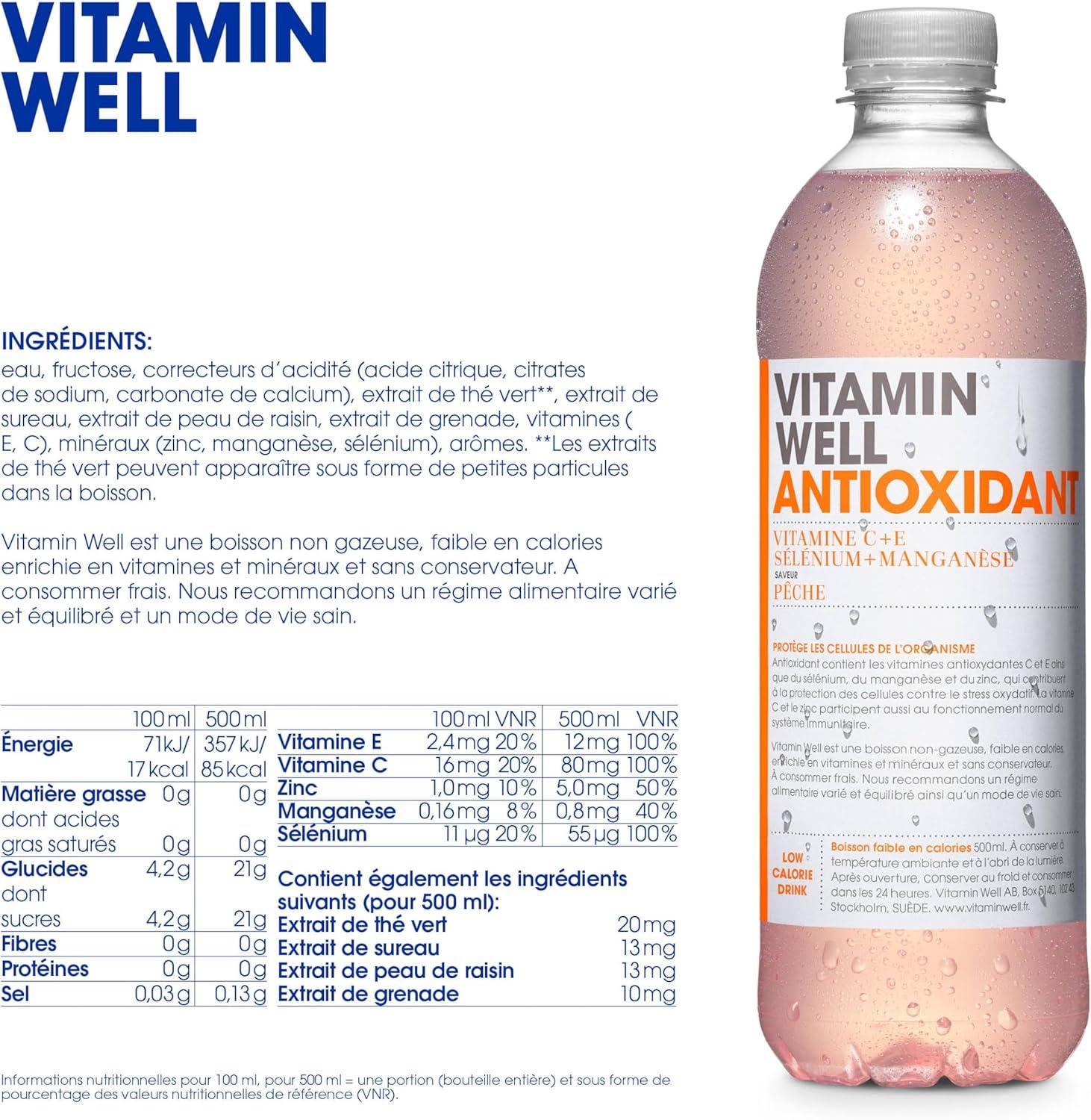 image:imageVitamin Well Boissons enrichies en vitamines et en minraux got pche 12x500ml AntioxidantAntioxidant